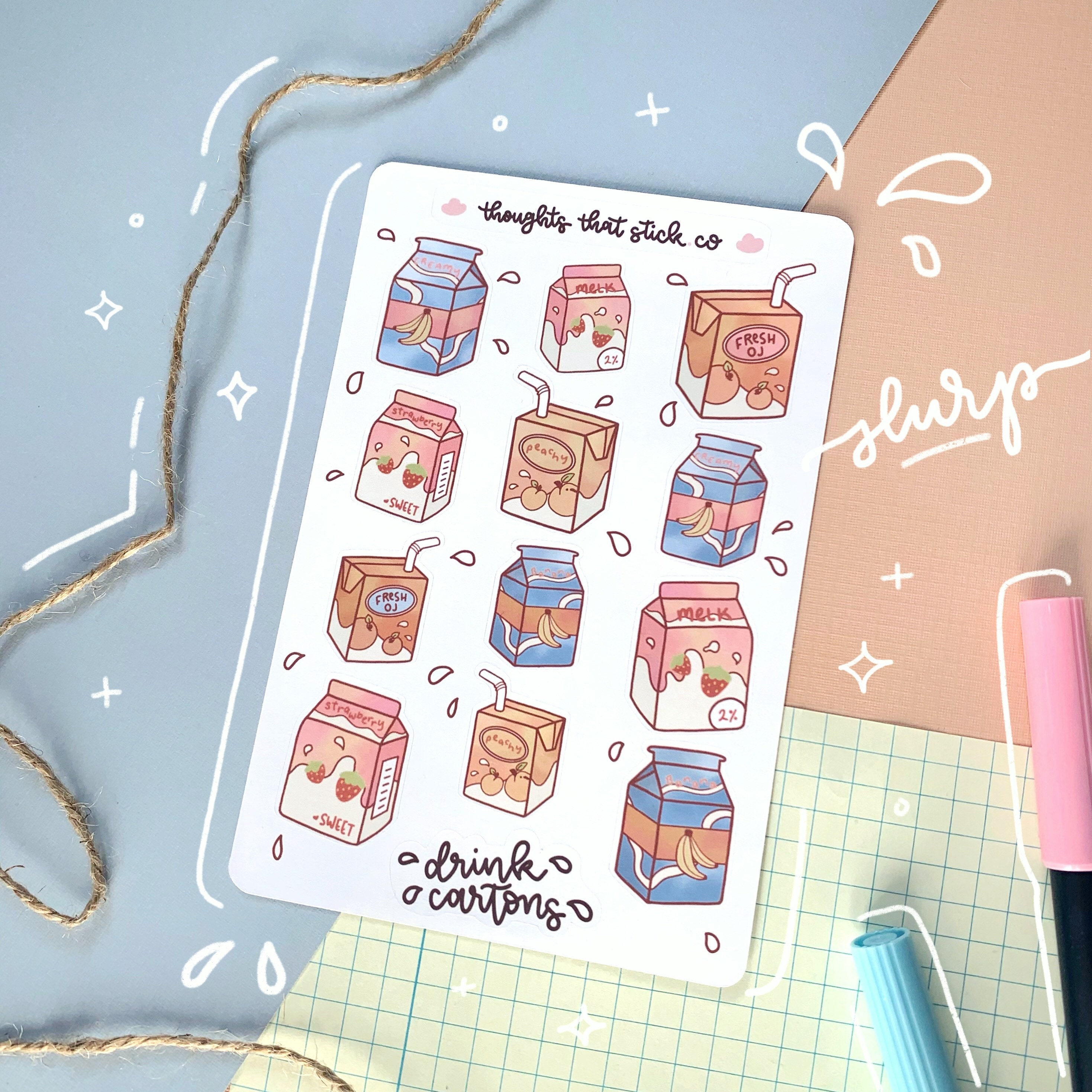 Drink Cartons Sticker Sheet | Cute Drinks Sticker Sheet | Milk and Ju…