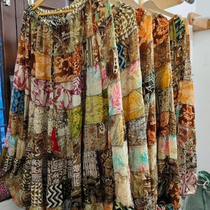 Layered patchwork skirt recycled silk flared long skirt Gypsy boho multi colored unique tiered( 2pcs)