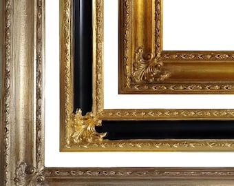 May include: Close-up of ornate picture frames in gold, black, and silver. The frames have detailed carvings and a classic, elegant design. The image showcases the corners of the frames, highlighting their decorative elements and textures.