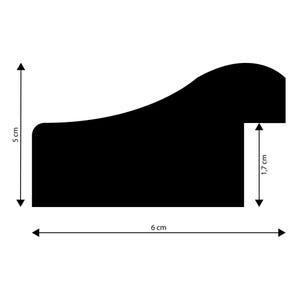 Op de afbeelding: Een zwart, gestileerd architectonisch profiel. De lijst is 6 cm lang en 5 cm hoog, met een 1,7 cm diepe uitsparing. Het ontwerp heeft een gebogen bovenrand en een rechthoekige basis.