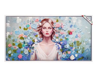 Impresión pintada a mano sobre lienzo 124 x 64 cm Madre Naturaleza Marco de madera Decoración de sala de estar Idea de regalo Arte italiano Hecho en Italia