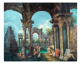 May include: An oil painting depicting an ancient Roman scene. The artwork features classical architecture with columns, arches, and figures in togas. The color palette includes shades of brown, blue, and green, creating a sense of depth and historical ambiance.