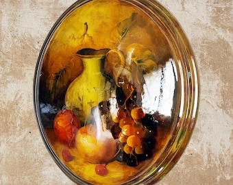 Medaillon 25 x 30 cm Verticaal stilleven met blauwe Chinese kruik en fruit Houten lijst Olieverfschilderij Gemaakt in Italië