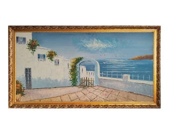 Handgeschilderd olieverfschilderij op canvas, elegante gouden lijst, 128 x 68 cm, Mediterraan dorpslandschap, impressionistische stijl, gemaakt in Italië.