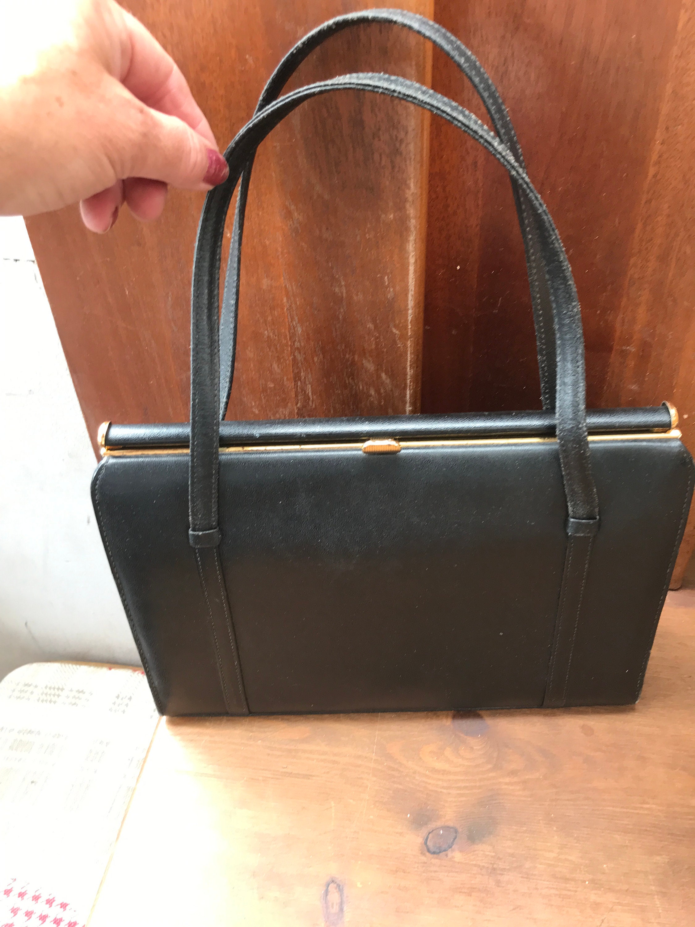 Vintage navy leather ladies handbag, 1950s. - Etsy 日本