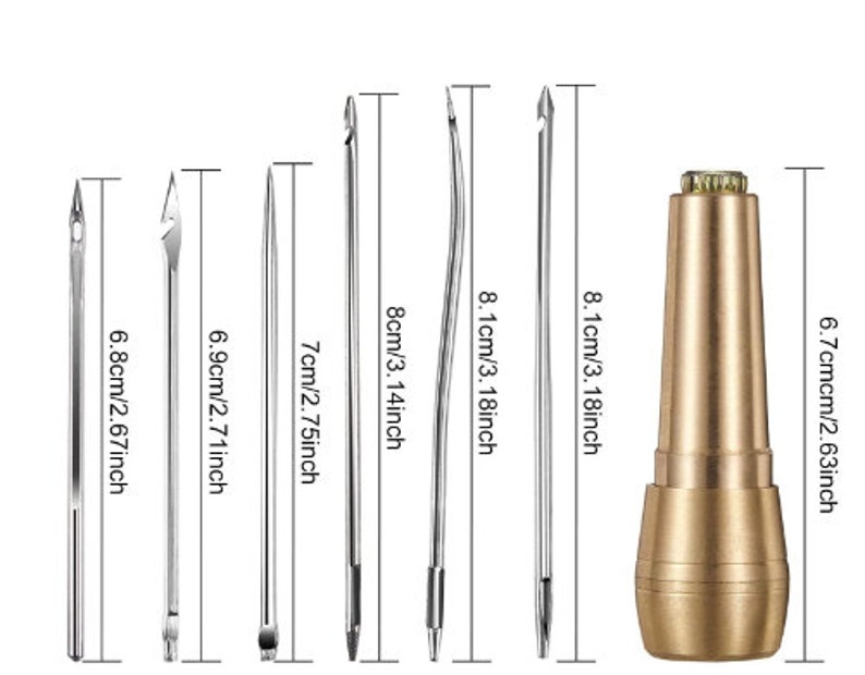 May include: Set of 7 leather sewing tools, including awls, needles, and a thimble. The tools are made of metal and have different lengths, ranging from 2.67 to 3.18 inches.
