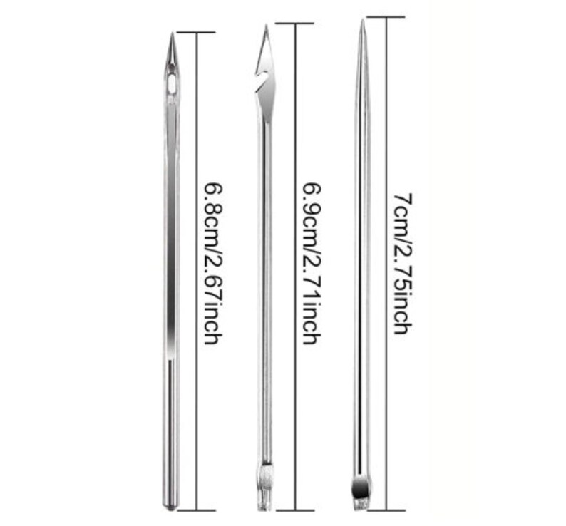 May include: Three silver metal tools with pointed tips. The tools are 6.8 inches, 6.9 inches, and 7 inches long.