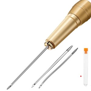 May include: Gold leather sewing awl with a long, thin needle and two additional needles in a clear plastic tube. The awl is used for hand-stitching leather.