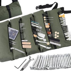 DIY Supplies for Stitching Punching Cutting Sewing Leather Working Tools Kit with Roll Up Tool Bag Stamping Tools Buttons