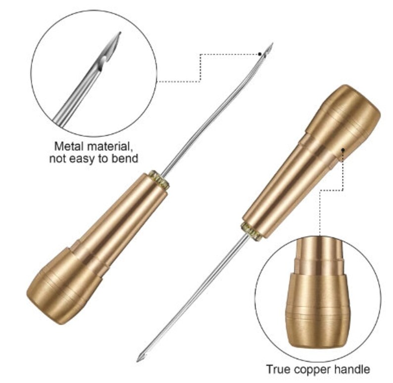 May include: A gold-toned leather sewing awl with a metal needle and a copper handle. The needle is sharp and the handle is sturdy. The awl is used for sewing leather and other thick materials.