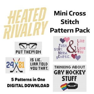 Könnte beinhalten: Ein digitaler Download eines Mini-Kreuzstich-Musterpakets. Das Paket enthält fünf Muster mit Text und Grafiken, darunter Sätze wie "Put Them On" und "Thinking About Gay Hockey Stuff."