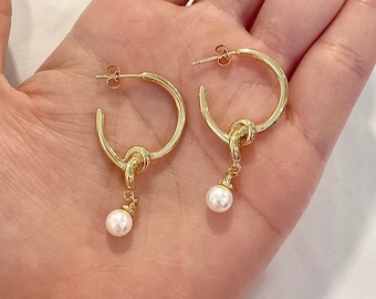 18k Gold plated Knotted Hoop with Pearl Charm Earrings