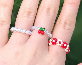 Trendy 3 Ring Set | Mini Cherry, Pearl, and Beaded Flower Rings