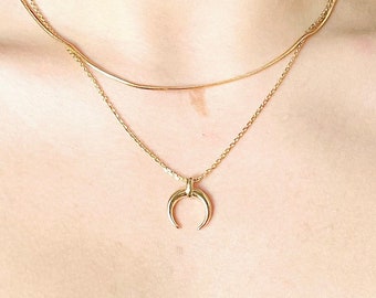 Necklace Moon and Chain Layering Set | 18k gold plated tarnish resistant | Minimal Crescent Moon and Snake Chain Duo