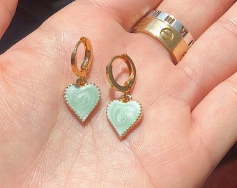 dainty heart earrings with marbled jade green/baby pink designs