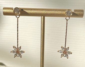 Crystal Flower Drop Earrings | 18k plated cold with cubic zirconia flowers | sensitive ear friendly