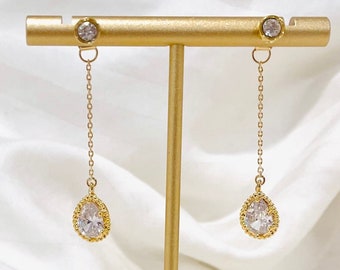 Crystal Drop Earrings | Dainty and Minimal Rhinestone Cubic Zirconia Drop Earrings | Hypo-allergenic studs and drop backing