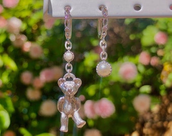 Pearl and Teddy Bear earrings | sterling silver plated on hypoallergenic hoops - sensitive ear friendly