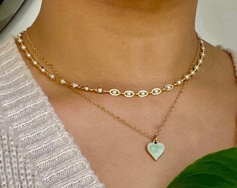 Pearl Choker and Pastel Green/Pink Heart Pendant Necklace Set | 18k gold plating - tarnish resistant |