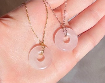 Rose Quartz Donut Chain Necklace | Pink Gemstone on Gold/Rose Gold Chain