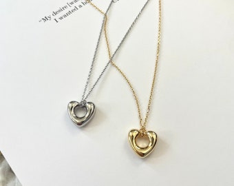 Puffy Heart Necklace | 14k gold plated and sterling silver | Delicate and Minimal Hanging Heart Silver/Gold/Pearl on Chain