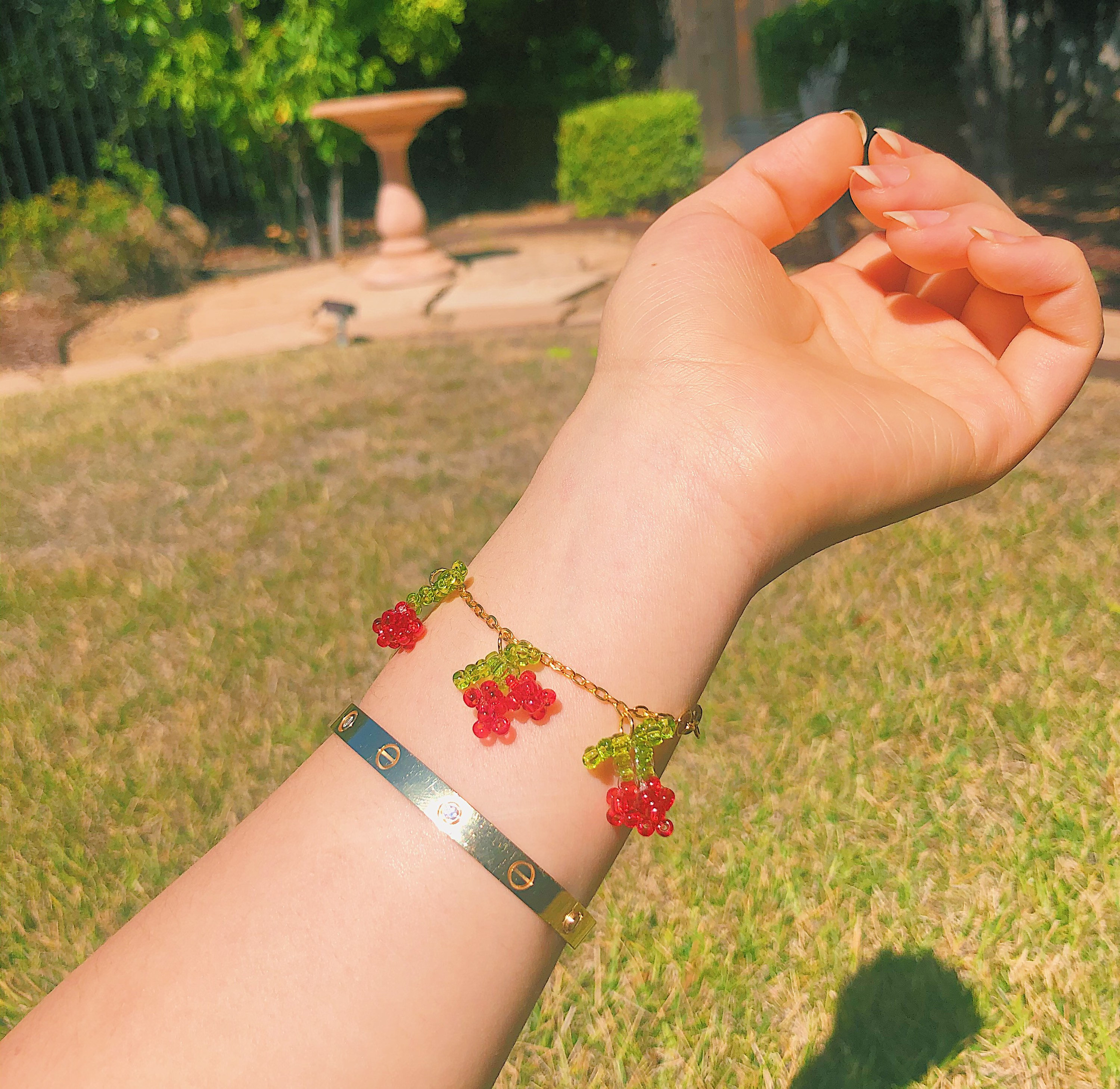 Beaded Cherry Charm Bracelet Etsy