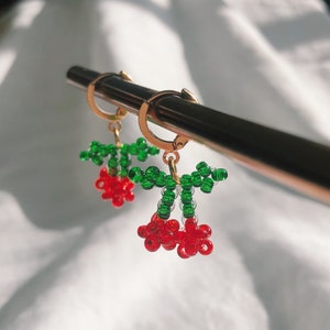 Beaded Gold Cherry Earrings image 2