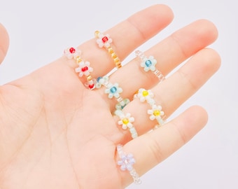 2 Ring Set | Trendy Glass Seed Bead Flower Ring Set