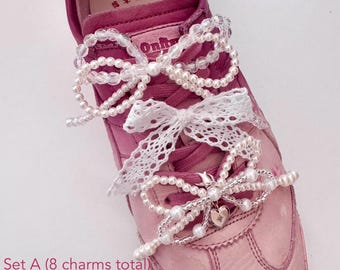 Shoe Charms | Pearl Ribbon Lace Heart Charms for Sneaker Customization | Sold as pairs
