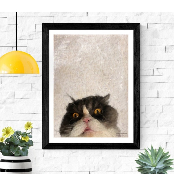 Funny Surprise Persian Cat with tongue Watercolor Cat Digital file for self-printing. Decorative Wall Art