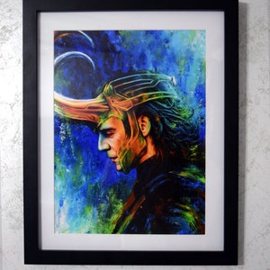 May include: A framed painting of a man with dark hair wearing a gold helmet with a horn. The background is an abstract design in shades of blue, green and yellow.