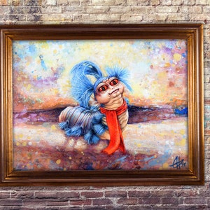 Puede incluir: Una pintura de una criatura azul y roja con un mohawk azul y una bufanda roja. La criatura est&aacute; pintada en un estilo caprichoso con un fondo colorido.