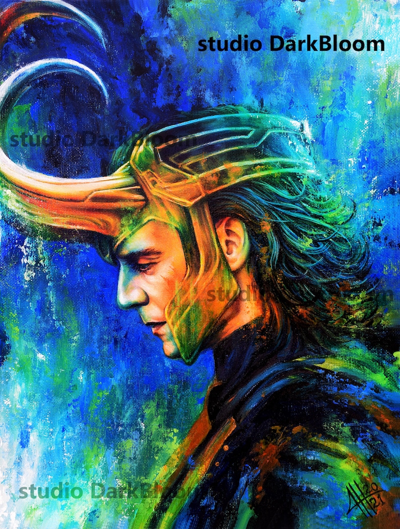 May include: A painting of a man with long dark hair wearing a gold and green helmet. The background is a blue and green abstract design. The painting is signed "studio DarkBloom".