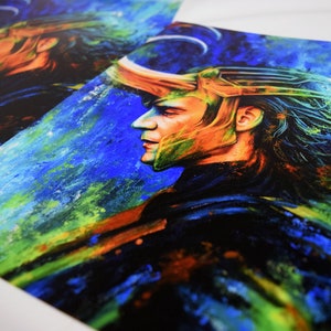 May include: A colourful abstract painting of a person with long hair wearing a gold helmet. The background is a mix of blue, green and orange.