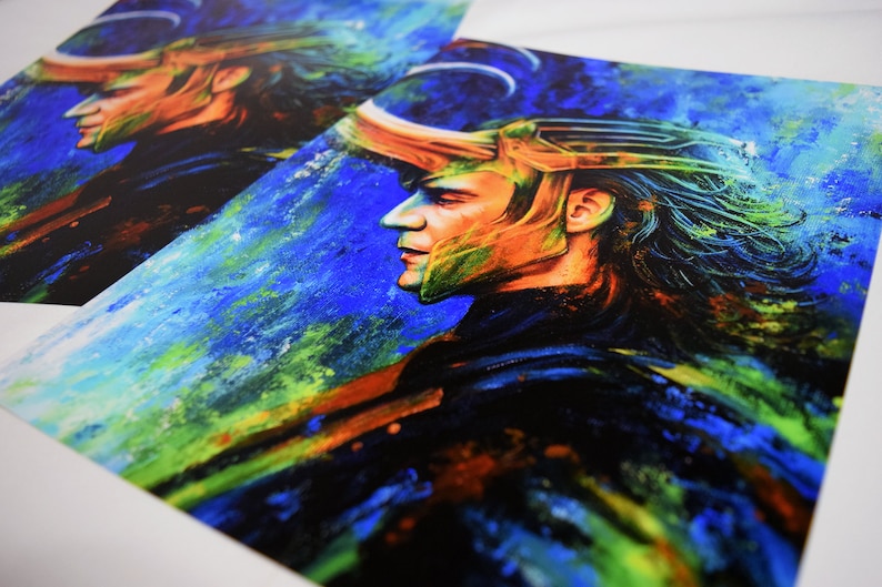 May include: A colourful abstract painting of a person with long hair wearing a gold helmet. The background is a mix of blue, green and orange.