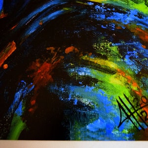 May include: Abstract painting with a black background and colourful brushstrokes in shades of blue, green, yellow, and red. The painting is signed with the artist's initials and the date "2021".