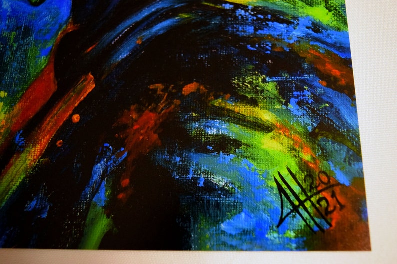 May include: Abstract painting with a black background and colourful brushstrokes in shades of blue, green, yellow, and red. The painting is signed with the artist's initials and the date "2021".
