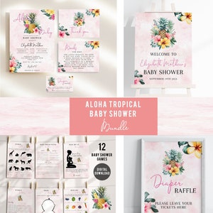 Aloha Baby Shower Invitation Bundle, Tropical Baby Shower, Hawaii Baby Shower, Thank you Card Printable, Welcome Sign