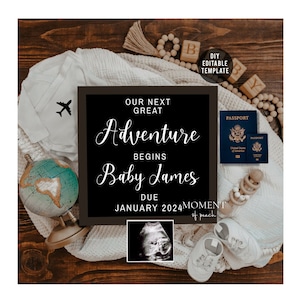 Rustic Travel Theme Pregnancy Announcement, Great Adventure Begins Social Media Pregnancy, World Traveling Baby Editable Template