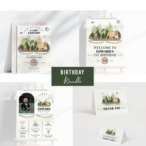 Camping 1er anniversaire faire-part, aventure premier anniversaire imprimable faire-part ensemble, carte d'anniversaire des bois