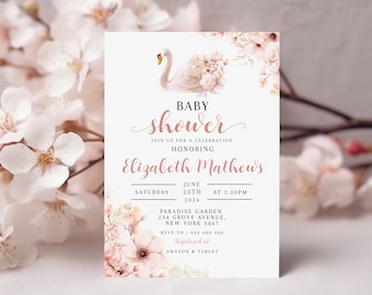 Boho Pink Swan Baby Shower Invitation, Gold Swan Baby Shower Invite, Floral Swan Baby Shower Invite