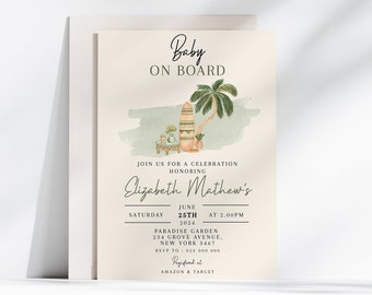 Surfing Baby on Board Baby Shower Invitation, Boho Surfing Board Baby Shower Invite Theme, Surfing Summer Baby Shower Theme