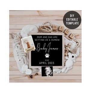 Digital Pregnancy Announcement, Dog Theme, Social Media Pregnancy Announcement, Editable Template, Gender Neutral Letter Board