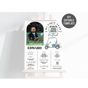 Golf Erstes Jahr Meilensteintafel, Erstes Geburtstagsbrett, gemeistertes Meilensteinplakat, Golfing Buddy bearbeitbares erstes Jahrbrett