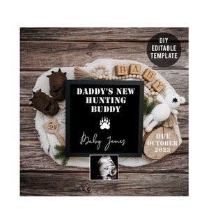 Anuncio de embarazo digital de Hunting Buddy, tema de caza digital para redes sociales, publicación en redes sociales