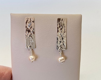 Textured Sterling Silver Post Earrings with Dangle Petite Pearls