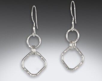 Circle and Square Textured Sterling Silver Drop Earrings