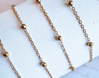Gold Stainless Steel Satellite Chain with Large Beads for Permanent Jewelry - Ion Plated - 1.9mm Chain with 4mm Beads - Sold by the Foot