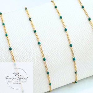 Stainless Steel Enamel Satellite Chain for Permanent Jewelry - Gold/Green - Ion Plated - Sold by the Foot - 1.5mm Chain and 2mm Beads