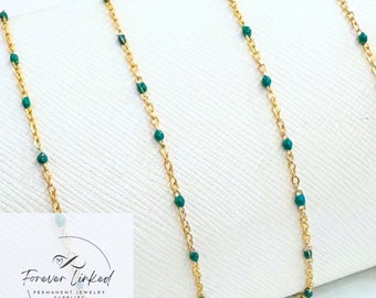 Stainless Steel Enamel Satellite Chain for Permanent Jewelry - Gold/Green - Ion Plated - Sold by the Foot - 1.5mm Chain and 2mm Beads